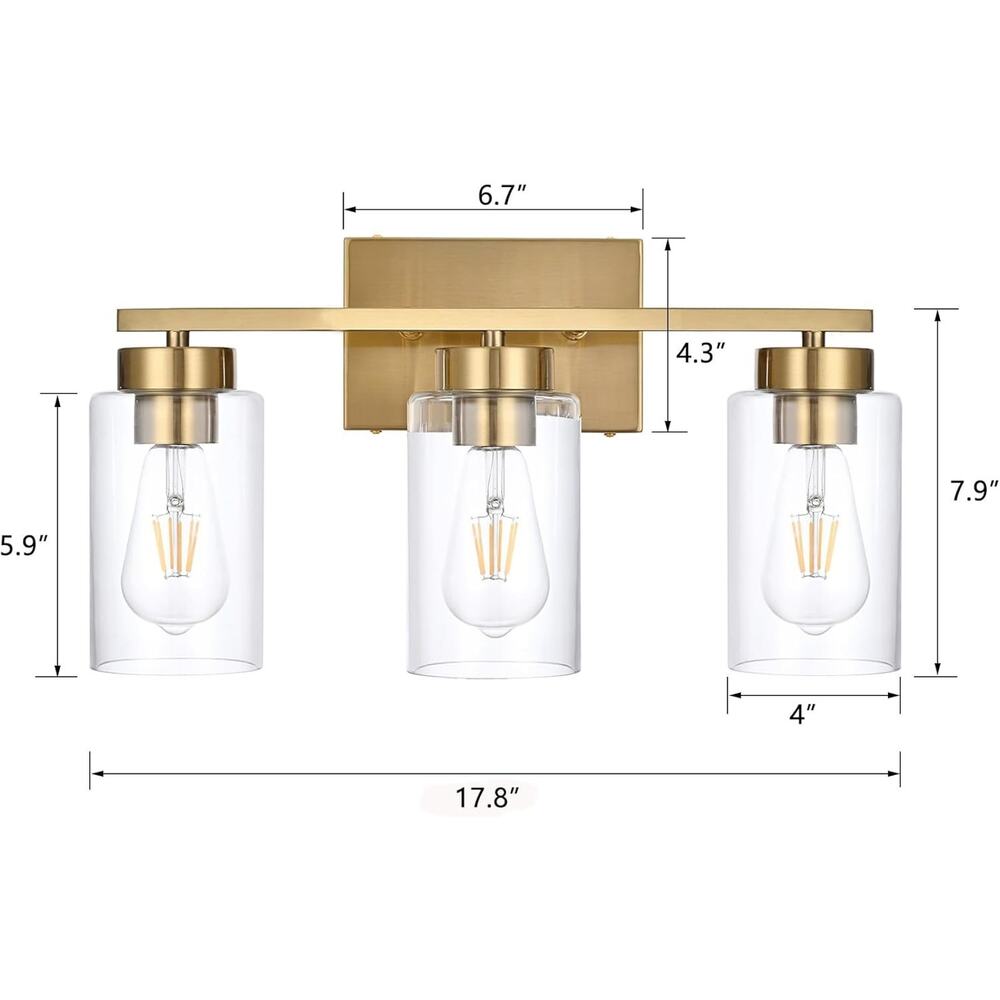 Modern Brushed Gold 3-Light Bathroom Vanity Light with Clear Glass Shades - Picture 2 of 4